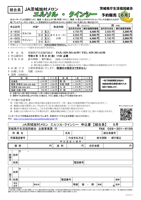 JA茨城旭村メロン エルソル・クインシー　予約販売に関するページ